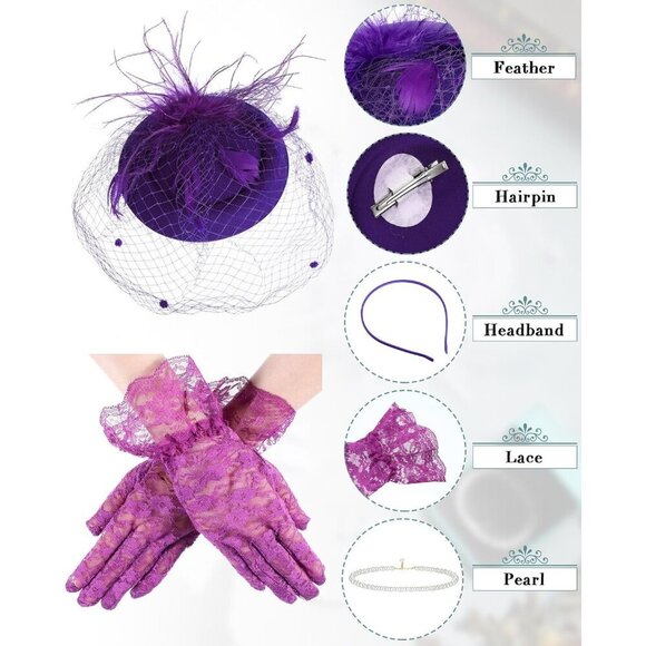 6 Sets Vintage Tea Party Hats Lace Gloves Pearl Necklaces for Women main image 4